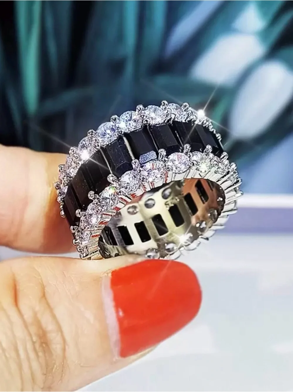 Black and Silver Eternity Band Ring with Clear Stones